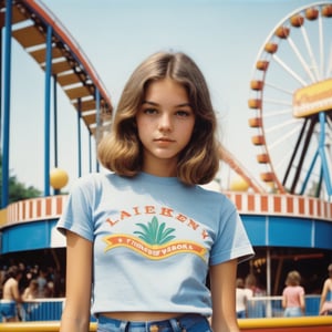 A Photorealistic, photorealism, Realistic 1970s Polaroid photo of a heavenly beauty, beautiful, short, skinny ,top heavy, (1970s) teenage girl wearing blue jean shorts and a midriff T-shirt, standing in a amusement park,                          