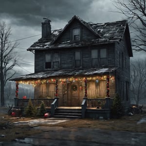 
Post apocalyptic house.with lots of Christmas lights on, dirty Christmas tree on the porch and decorations, Dark and gloomy day. muy detallado. 8k. alta calidad. ultra detallada. fotorrealista. Pintura digital