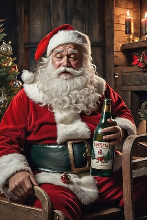  
A dirty and filthy Santa Claus looking exhausted sitting in a dirty empty sleigh with a half empty bottle of booze in his hand., decorated Christmas tree and decorations,, trash,muy detallado. 8k. alta calidad. ultra detallada. fotorrealista. Pintura digital