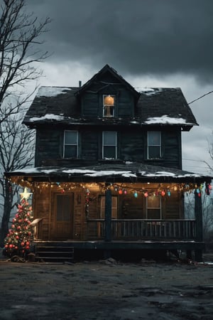 
Post apocalyptic house.with lots of Christmas lights on, dirty Christmas tree on the porch and decorations, Dark and gloomy day. muy detallado. 8k. alta calidad. ultra detallada. fotorrealista. Pintura digital