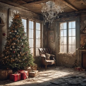 a beautifully decorated Christmas tree with lights, dirty Santa Claus,inside an abandoned and dirty Post apocalyptic house. broken window, peeling wallpaper, cobwebs, trash,muy detallado. 8k. alta calidad. ultra detallada. fotorrealista. Pintura digital