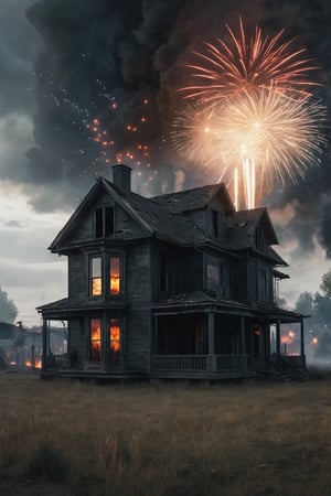 
Post apocalyptic house with lots of fire works in the sky, Dark and gloomy day. muy detallado. 8k. alta calidad. ultra detallada. fotorrealista. Pintura digital