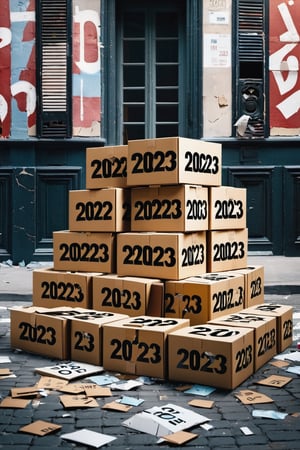 A Photorealistic,photorealism, realistic photo of boxes with "2023" painted on the sides in a apocalyptic city street piled full of broken boxes with "2023" STAMPED ON THE SIDES, 