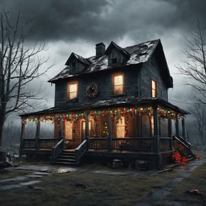 
Post apocalyptic house.with lots of Christmas lights on, dirty Christmas tree on the porch and decorations, Dark and gloomy day. muy detallado. 8k. alta calidad. ultra detallada. fotorrealista. Pintura digital