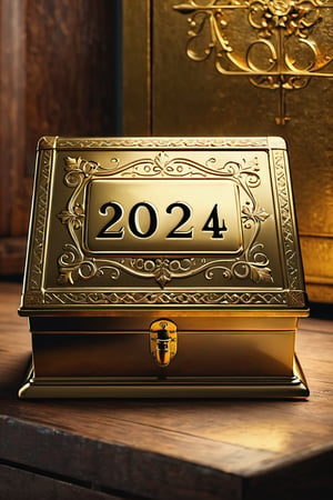 A Photorealistic realistic photo of a incrediblely beautiful gold box ((stamped with "2024")) (((2024))) on the sides, sitting on a table,inside the door of a open vintage style vault
