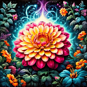 A WONDER flower for everybody that brings love and courage back together with high_resolution and contrast and colour contrast,  intricately textured and extremely subtle and elegantly detailed,  detailmaster2, side-light,  ultra quality ,Movie Poster,ink art,retro ink,line art illustration