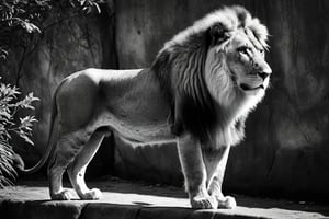  (photographic artwork) (monochrome  image 70s style black and white)  a full-body  portrait  of a  lion in a zoo, dark palette , transparent  fading,  resolution and contrast and colour contrast,  intricately textured and extremely subtle detailed,  detailmaster2,  side-light,  ultra quality,  fine artwork 