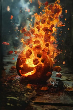 (((Art photography, National Geographic style,masterpiece)))_(((an exploding Jack-o-lantern. The pumkin explodes into pieces which burst in all directions  through the air:1.5)))_(((Jack the ghost in the background:1.4)))_dark palette, naturalistic colouring, dramatic lighting, irreal atmosphere, 
 intricately textured and extremely subtle detailed,  detailmaster2, high resolution  and contrast and colour contrast, 
 ultra quality,  fine artwork , epic vision,  deep focus 