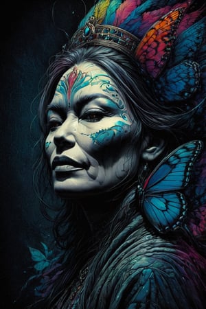 A woman , a queen who wishes becoming  a butterfly,  vivid palette,  moody lighting,  high resolution and contrast,  intricately textured and extremely detailed,  detailmaster2,  side-light,  best quality,  fine artwork,ink art