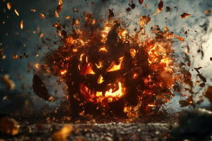 (((Art photography, National Geographic style,masterpiece)))_(((an exploding Jack-o-lantern. The pumkin explodes into pieces which burst in all directions  through the air:1.5)))_(((Jack the ghost in the background:1.4)))_dark palette, naturalistic colouring, dramatic lighting, irreal atmosphere, 
 intricately textured and extremely subtle detailed,  detailmaster2, high resolution  and contrast and colour contrast, 
 ultra quality,  fine artwork , epic vision,  deep focus 