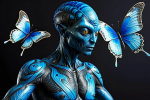 (Comic  Art) a male Alien with a blue swirled skin and amazing empathy for living organisms dances together with a butterfly,  dark palette, high  resolution and contrast and colour contrast,  intricately textured and extremely subtle detailed,  detailmaster2,  side-light,  ultra quality,  fine artwork 