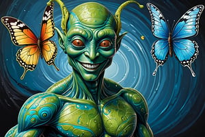 (Comic  Art) a male Alien with a swirled skin and amazing friendly, smiling face and empathy for living organisms dances together with a butterfly,  dark palette, high  resolution and contrast and colour contrast,  intricately textured and extremely subtle detailed,  detailmaster2,  side-light,  ultra quality,  fine artwork,sad looking,tears,sorrowful