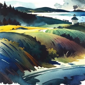 (Watercolour Artwork) A watercoloured country-landscape in Edward Hopper's 10th style, expressively  painted , detailed, textured,  very moody and subtle atmospheric,  soft colour contrast, high resolution,  ultra quality,  deep focus,  epic view, dark palette 