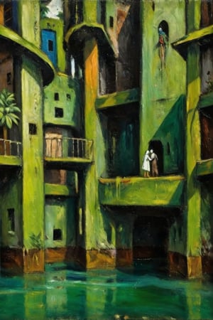 A surrealistic oil paint reminiscenting rainforest life, structures and textures intermingle, also concrete as fantastic, no perspective, 1 image plane view, extra dark palette of greens and browns, masterpiece,  ultra quality,  fine artwork inspired  by Max Ernst's works 