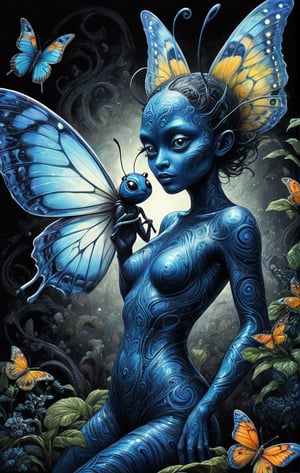 (Comic  Art) an Alien with a blue swirled skin and amazing empathy for living organisms dances together with a butterfly,  dark palette, high  resolution and contrast and colour contrast,  intricately textured and extremely subtle detailed,  detailmaster2,  side-light,  ultra quality,  fine artwork 