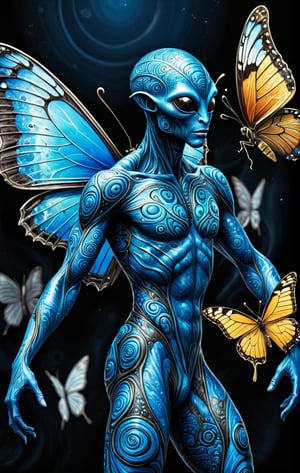 (Comic  Art) a male Alien with a blue swirled skin and amazing empathy for living organisms dances together with a butterfly,  dark palette, high  resolution and contrast and colour contrast,  intricately textured and extremely subtle detailed,  detailmaster2,  side-light,  ultra quality,  fine artwork 