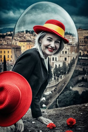  (photographic artwork, masterpiece) (((monochrome  image 80s style black and white) and red ), iyellow hue to the background)  a full-body  portrait  of a grinning  lady with a red hat in Rome, dark palette , transparent  fading,  resolution and contrast and colour contrast,  intricately textured and extremely subtle detailed,  detailmaster2,  side-light,  ultra quality,  fine artwork 