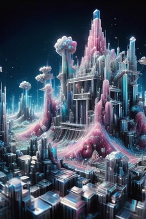 (Photography Artwork), APhotography in National  Geographic  style of a town made of bismuth crystals, bismuth crystal colours, pink,lime, blue ,  plastic wrapped wire, inside pixeled world, cinematic, volumetric lighting,  Matrix, code, 3D Mesh,dissolving into pixels,3D Mesh, metallic background , depth of field, deep focus