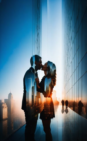 Silhouette of the facade of a skyscraper. Inside the silhouette  of the facade  you can see 1 man and 1 woman kissing each other, masterpiece,  ((double-exposure)), proportional ,DOUBLE EXPOSURE
