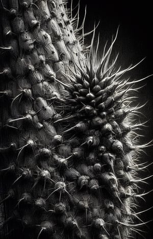 An inked charcoal drawing in close-up  macro of a Saguaro cactus thorn, dark palette,  high resolution and contrast and colour contrast,  intricately textured and extremely subtle detailed,  detailmaster2,  side-light,  ultra quality,  fine artwork 