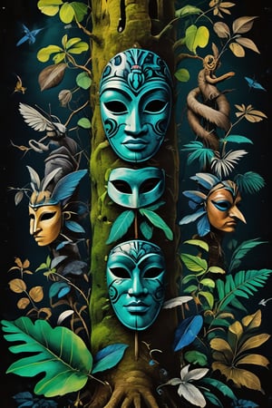 (A totem dance in rainforest around a masked tree with cut in masks  of gods and demons:1.6),BREAK,(masked with demonesc wood masks, men and women dancing together around the tree:1.2),BREAK, (dark greens, browns, grays, yellows and muted colours:1.2), intense atmosphere, action, elegant deep focus, detailmaster2,  strobe lighting, concept art, ultra quality,  fine artwork 