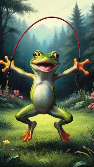 A green frog with a large grin on his face is jumping rope on the grass , dark vivid palette,  high resolution and contrast,  high colour contrast,  intricately textured and extremely detailed,  detailmaster2,  ray tracing shadows,  backlight,  ultra quality,  fine artwork ,ink art,line art illustration