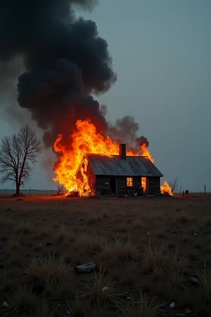 ( photography National geographic style,  masterpiece) A little farmhouse in a poor isolated countryside burns down. It's dramatic, tells a long story of hard work and lost fights . Hard and dry ground around ths burning house, old farmhouses stuff lying around. Dark, greyish dull colouring except for the flames shooting out of the farmhouse windows. Dark palette , high resolution and contrast and colour contrast,  intricately textured and extremely subtle detailed,  detailmaster2,  strobe lighting, ultra quality , fine artwork 