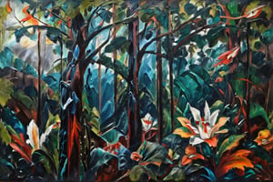 (Oil painting- Surrealistic rainforest scenery, Max Ernst's style) _ (abstract features brought together to plant- like structures:1.5)_( in the trees orchids and birds) extra dark palette, dark greens and dark browns, teal, white , dramatic lightning,  high resolution and contrast and colour contrast,  intricately textured and extremely subtle detailed,  detailmaster2,  ultra quality,  fine artwork detail XL