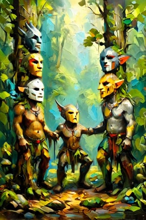 ((A Hieronymus Bosch-like scenery )(A totem dance in rainforest around a masked tree with cut in masks  of gods and demons:1.6)),BREAK,(masked with demonesc wood masks, men and women dancing together around the tree:1.2),BREAK, (dark greens, browns, grays, yellows and muted colours:1.2), intense atmosphere, action, elegant deep focus, detailmaster2,  strobe lighting, concept art, ultra quality,  fine artwork, oil painting 