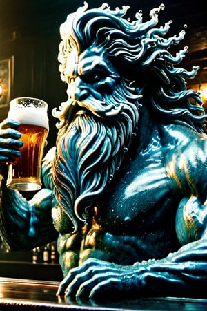 Poseidon drinking his pint of beer on the bar in a pub, high resolution and contrast and colour contrast,  intricately textured and extremely subtle detailed, detailmaster2,  side-light,  ultra quality,  fine artwork ,Movie Still
