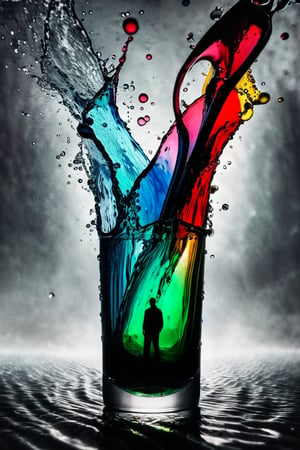 (((Black and white photography)))_(((Colour photography)))_(((Art photography, masterpiece)))_( an image filling glass with water,:1.5)_( red, blueyellow watercolour diffusing into the water in accelerated curvilinear perspective:1.7)_(in the backgrounda green figure:1.3)_(black and white  surroundings:1.2),  dark palette, 28mm, t1/250, f14,  deep focus, high resolution and contrast and colour contrast,  intricately textured and extremely subtle detailed,  detailmaster2,  backlight, dramatic  lighting, ultra quality,  fine artwork , Raw Photo