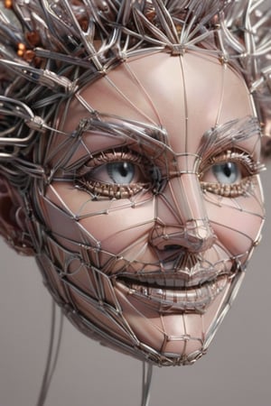 (Line Art), an entanglement of coated wire forming a grinning face, 4k rendered, high quality, detailmaster2,  deep focus, blush glass background 