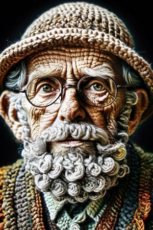 The fully crocheted portrait of an old, wise looking man looking into the wide, dark palette,  high resolution and contrast and colour contrast,  intricately textured and extremely subtle detailed, detailmaster2, side-light, ultra quality,  fine artwork 