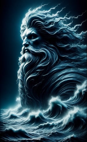 Poseidon appears from the stormy sea, dark palette,  high resolution and contrast and colour contrast,  intricately textured and extremely subtle detailed,  detailmaster2,  side-light,  ultra quality,  fine artwork ,colorful,Movie Still,Leonardo