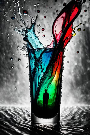 (((Black and white photography)))_(((Colour photography)))_(((Art photography, masterpiece)))_( an image filling glass with water,:1.5)_( red, blueyellow watercolour diffusing into the water in accelerated curvilinear perspective:1.7)_(in the backgrounda green figure:1.3)_(black and white  surroundings:1.2),  dark palette, 28mm, t1/250, f14,  deep focus, high resolution and contrast and colour contrast,  intricately textured and extremely subtle detailed,  detailmaster2,  backlight, dramatic  lighting, ultra quality,  fine artwork , Raw Photo