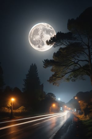 (Long-exposure photography) a night photograph of the full moon out of a slowly moving car,  300mm, f8, t1,5s, dark palette,  high resolution and contrast and colour contrast,  intricately textured and extremely subtle detailed,  detailmaster2,  side-light,  ultra quality,  fine artwork 