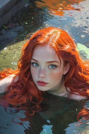 An illustrative lithograph of 1mermaid, solo, long hair, looking at viewer, bright- green eyes, red hair, outdoors, water, clear water reflection, orange hair,  lips, partially submerged, freckles, realistic, street water puddle, clear reflection  in the puddle of mermaid and surroundings,  detailmaster2, dark palette, backlight,  ,digital painting