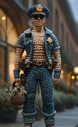 (Crochet art) full body view of a crocheted policeman in town, dark palette,  high resolution and contrast and colour contrast,  intricately textured and subtle detailed,  detailmaster2,  side-light,  epic view,  ultra quality,  fine artwork 