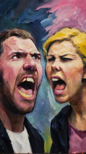 An expressive  scenery of1 man and 1 woman yelling at each other, dark palette, pink/yellow background,  high contrast,  detailmaster2,  side-light,  ultra quality ,expressionist painting,palette knife painting