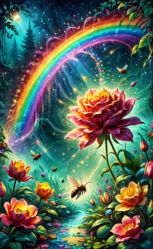  A WONDER flower half lily, half rose, half tulip for everybody to bring love and courage back together with magic bees, high_resolution and contrast and colour contrast,  intricately textured and extremely subtle and elegantly detailed,  detailmaster2, side-light,  ultra quality ,Movie Poster,ink art,retro ink,line art illustration,bubbleGL,Rose,BucketGoldUnderTheRainbow