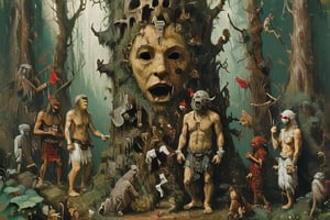 ((A Hieronymus Bosch-like scenery )(A totem dance in rainforest around a masked tree with cut in masks  of gods and demons:1.6)),BREAK,(masked with demonesc wood masks, men and women dancing together around the tree:1.2),BREAK, (dark greens, browns, grays, yellows and muted colours:1.2), intense atmosphere, action, elegant deep focus, detailmaster2,  strobe lighting, concept art, ultra quality,  fine artwork 