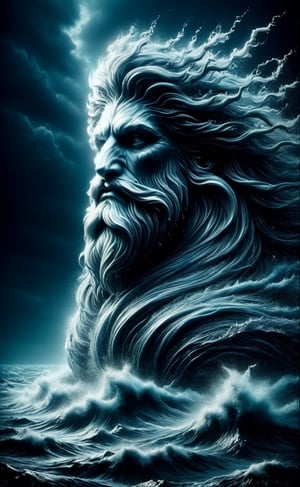 Poseidon appears from the stormy sea, dark palette,  high resolution and contrast and colour contrast,  intricately textured and extremely subtle detailed,  detailmaster2,  side-light,  ultra quality,  fine artwork ,colorful,Movie Still,Leonardo