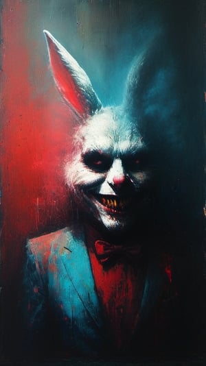 Easter bunny ,whole body, an absolute charming, freaky  easter bunny leaning  against a house wall and lsmokes a joint looking into the world with kind of a satanic grin on his face, deep focus,  high color contrast,   detailmaster2, ultra quality, side-light,epic view,Colorful Binary Code Energy