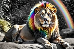  (photographic artwork) (monochrome  image 70s style black and white and rainbow colours)  a full-body  portrait  of a grinning  lion with a rainbow coloured  mane in a zoo, dark palette , transparent  fading,  resolution and contrast and colour contrast,  intricately textured and extremely subtle detailed,  detailmaster2,  side-light,  ultra quality,  fine artwork 