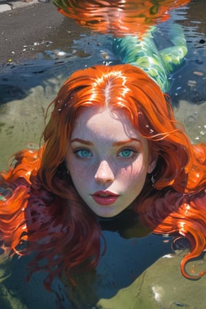 An illustrative lithograph of 1mermaid, solo, long hair, looking at viewer, bright- green eyes, red hair, outdoors, water, clear water reflection, orange hair,  lips, partially submerged, freckles, realistic, street water puddle, clear reflection  in the puddle of mermaid and surroundings,  detailmaster2, dark palette, backlight,  ,digital painting