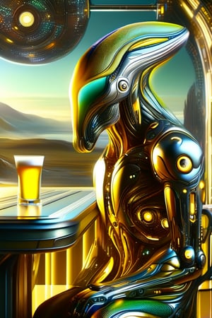 A very slim kind of male attractive scifi and tech creature from Pluto is daydeaming at the bar in a pub, high resolution and contrast and colour contrast,  intricately textured and scifi, extremely subtle detailed, detailmaster2,  side-light,  ultra quality,  fine artwork ,DonMX3n0T3chXL