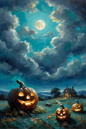 (((Colour painting)_(((Art painting, masterpiece)))_(((the painting of a Screwdraw, a Jack-o-lantern and the ghost of Jack at samhain by night:1.7)))_(((background, grassy plain all over in teal/indigo/tan:1.3)))_(((in the sky fantastically formed clouds:1.3)))_volumetric lighting, dramatic atmosphere, dark palette, 28mm, t1/250, f14,  deep focus, high resolution and contrast and colour contrast,  intricately textured and extremely subtle detailed,  detailmaster2, side-light,  ultra quality,  fine artwork , Raw Photo