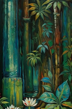 A surrealistic oil paint reminiscenting rainforest life, structures and textures intermingle, it's also concrete as fantastical, no erspective, 1 image plane, extra dark palette of greens and browns, masterpiece,  ultra quality,  fine artwork inspired  by Max Ernst's works 