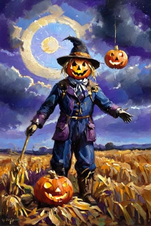 (((Colour painting)_(((Art painting, masterpiece)))_(((the painting of Jack as Scarecrow within a dry corn field:1.7)))_(((a Jack-o-lantern:1.5)))_(((and the ghost of Jack at samhain by night:1.3)))_(((background, grassy plain all over in violet/indigo/tan:1.3)))_(((in the sky fantastically formed clouds:1.3)))_volumetric lighting, dramatic atmosphere, dark palette, 28mm, t1/250, f14,  deep focus, high resolution and contrast and colour contrast,  intricately textured and extremely subtle detailed,  detailmaster2, side-light,  ultra quality,  fine artwork , Raw Photo