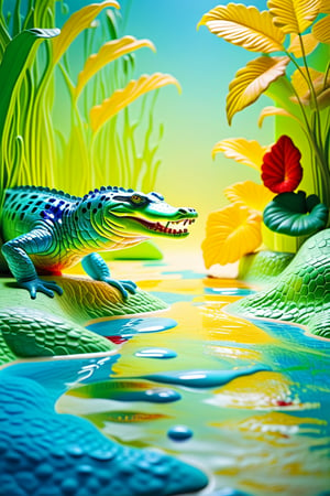 (((Relief sculpture)))_(((Colour photography)))_(((Art photography, masterpiece)))_(((the photograph of a landscape with walking crocodiles pressed altogether of creme toothpaste coloured by green,blue, yellow, red filtered spot lights, sort of half-relief:1.7))), volumetric lighting,  dark palette, 28mm, t1/250, f14,  deep focus, high resolution and contrast and colour contrast,  intricately textured and extremely subtle detailed,  detailmaster2, side-light,  ultra quality,  fine artwork , Raw Photo